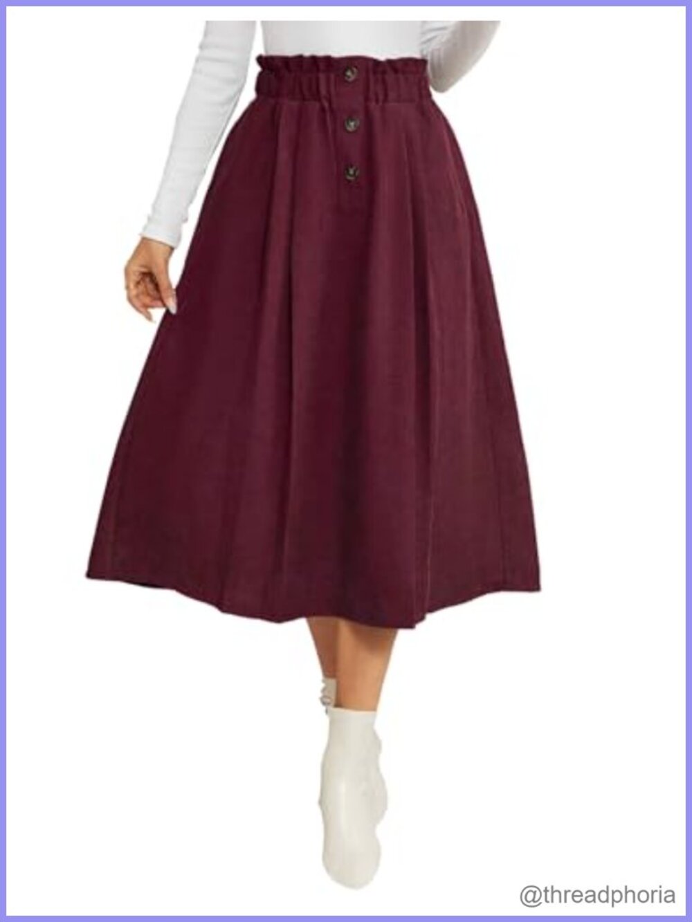 Womens Corduroy Pleated A-Line Midi Skirt High Waisted Elastic Waist Pockets
